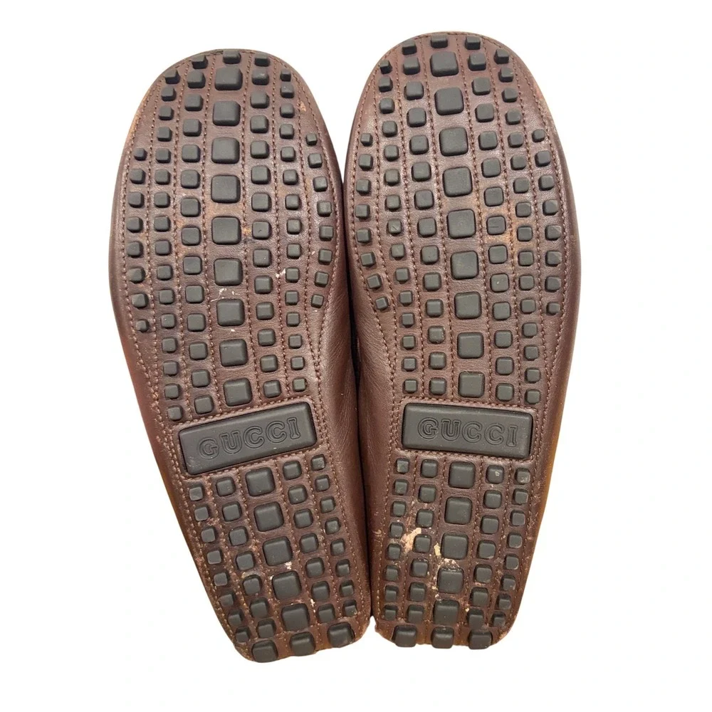Gucci Ayrton Authentic Brown Leather Web Stripe Horsebit Driving Loafers Size 9